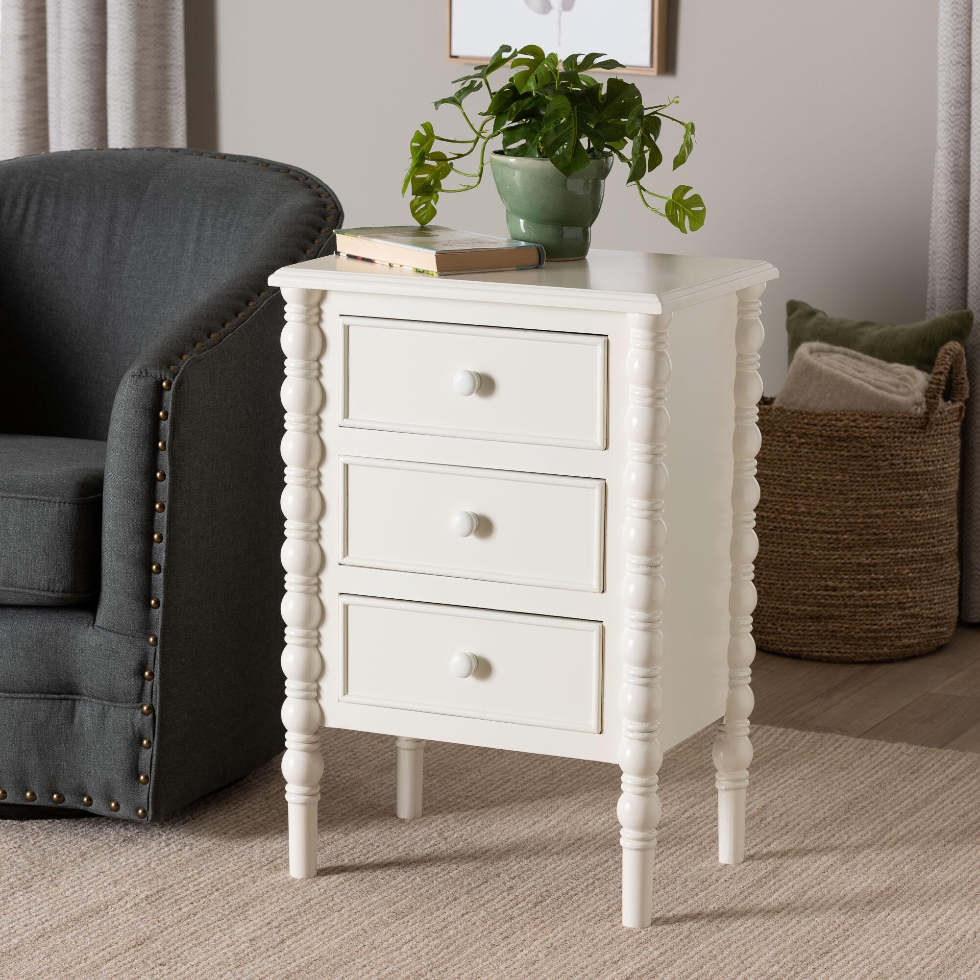 Malinda Classic White Wood 3-Drawer End Table with Spindle Legs, WHITE, hi-res image number 0