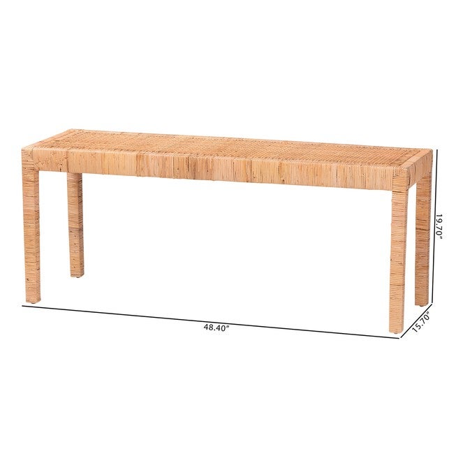 Abelia Modern Bohemian Natural Rattan And Mahogany Wood Long Accent Bench, , alternate image number null