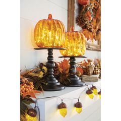 14½"H x 6"Diam Pre-Lit Mercury Glass Pumpkin on Metal Stand