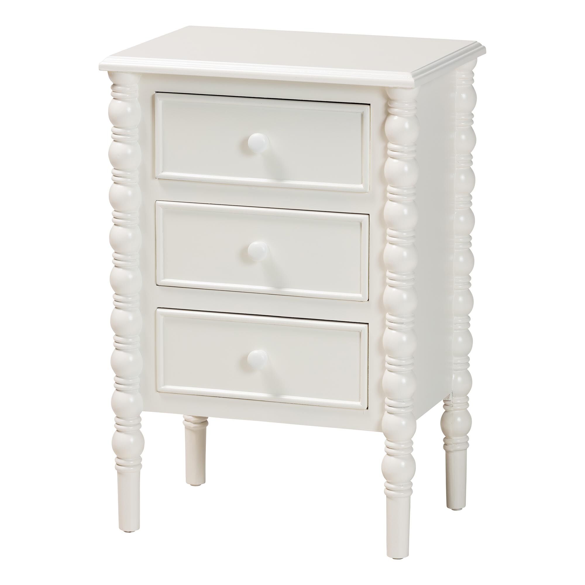 Malinda Classic White Wood 3-Drawer End Table with Spindle Legs, WHITE, alternate image number 1