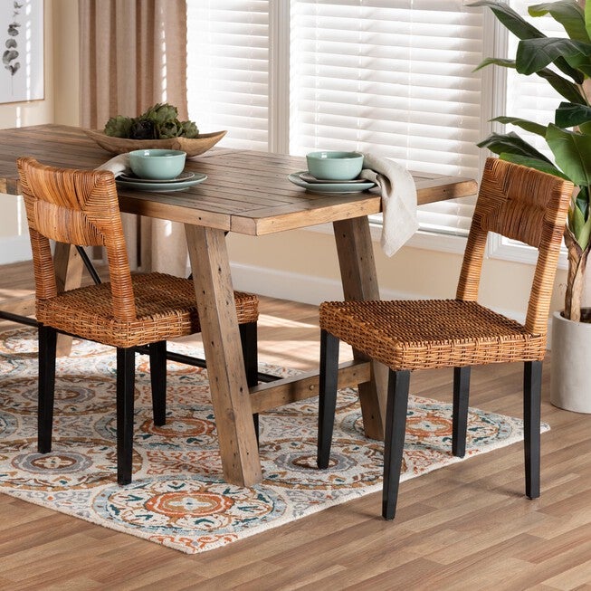 Manrico Modern Bohemian Dark Brown Finished Wood And Natural Rattan 2-Piece Dining Chair Set, , alternate image number 6