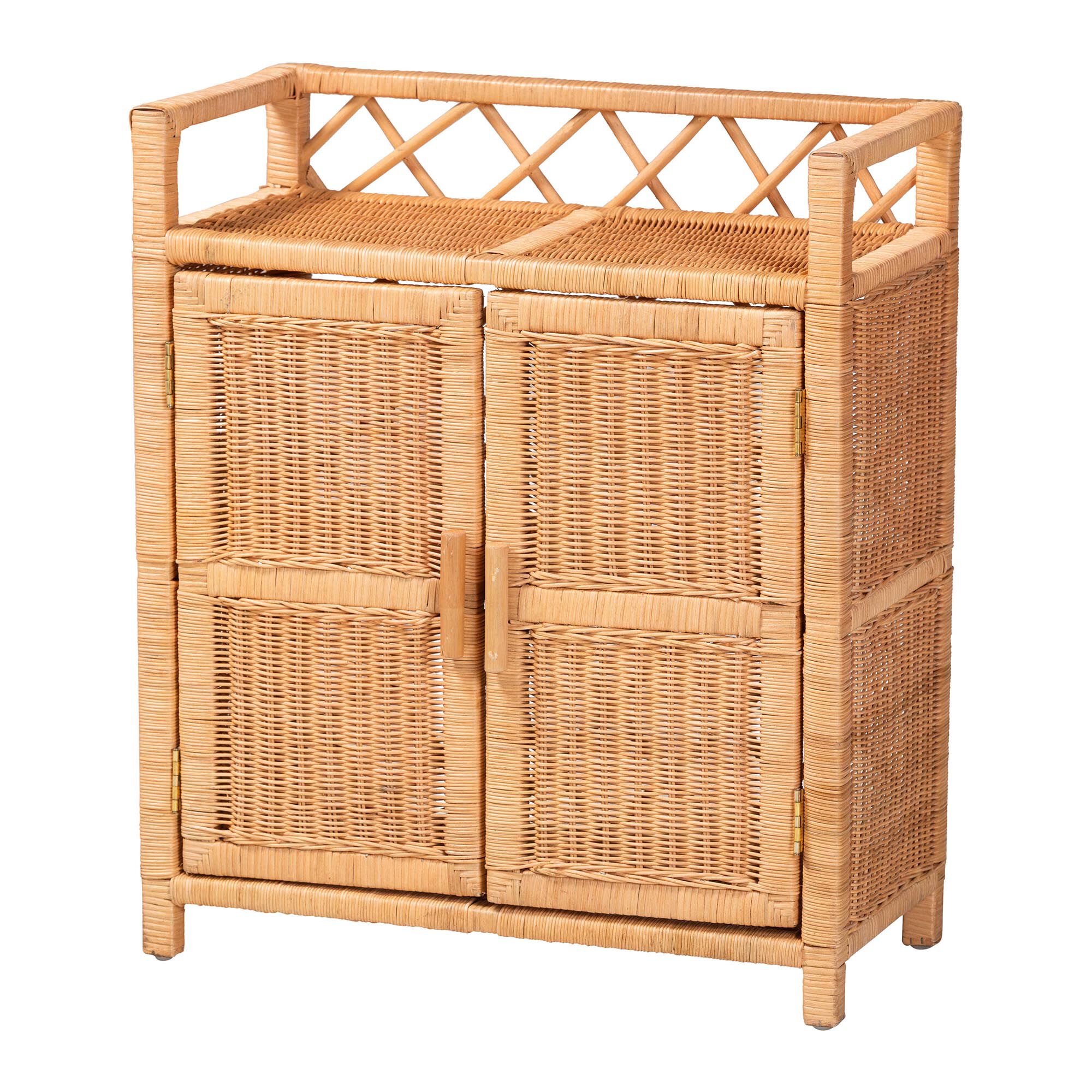Hendrina Natural Rattan and Mahogany Wood 3-Tier Shoe Cabinet, HONEY, alternate image number 1
