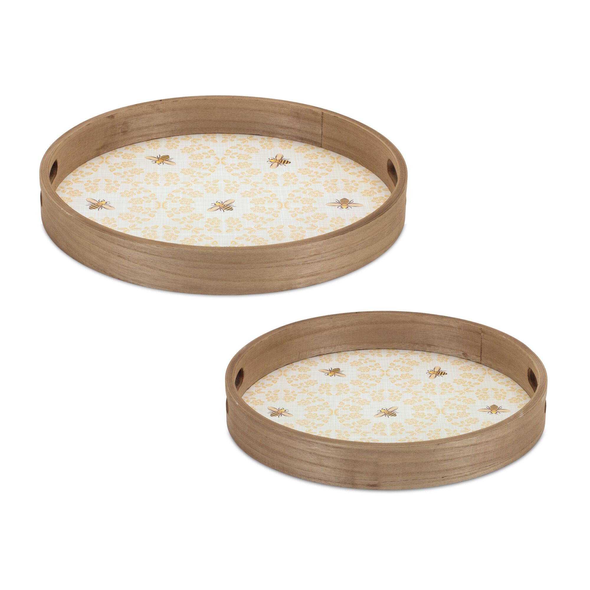 Round Bumble Bee Tray with Natural Wooden Accents (Set of 2), YELLOW BROWN, hi-res image number 0