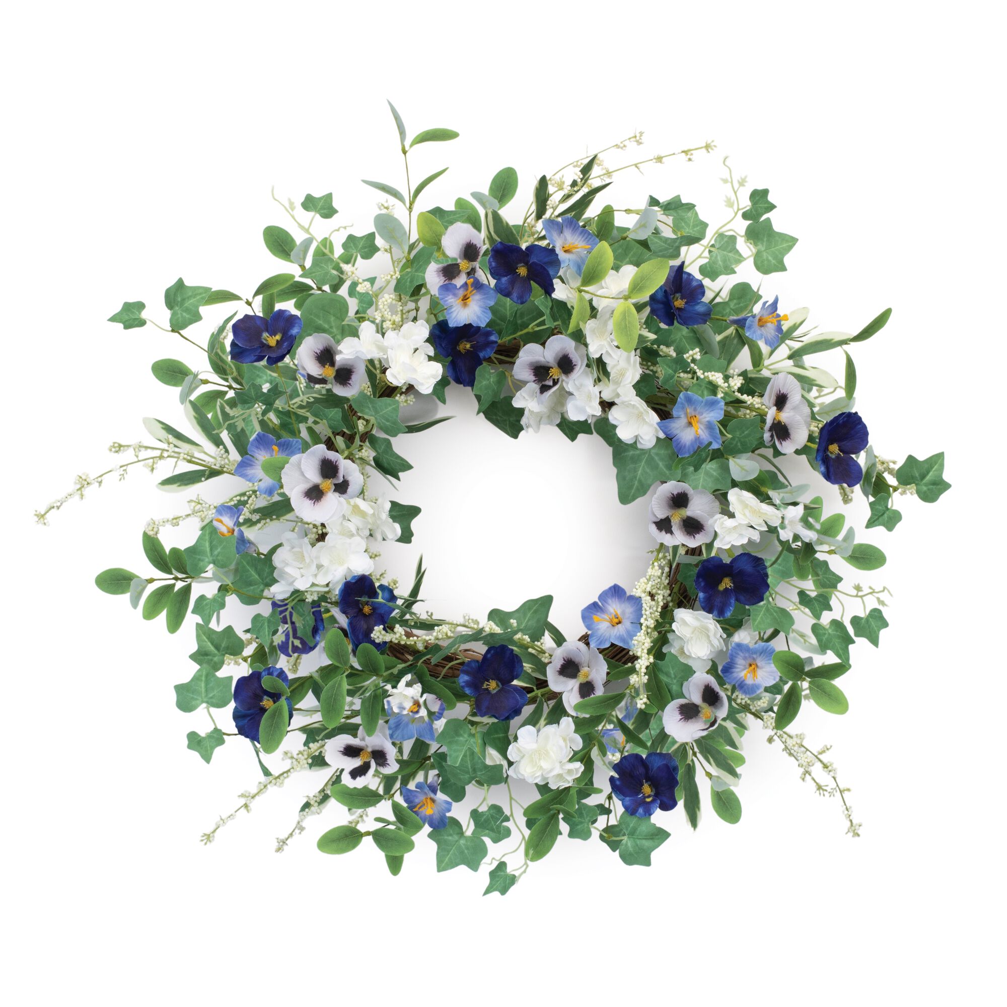 Mixed Petunia Pansy Floral Wreath 22 inchesD, BLUE GREEN, hi-res image number 0