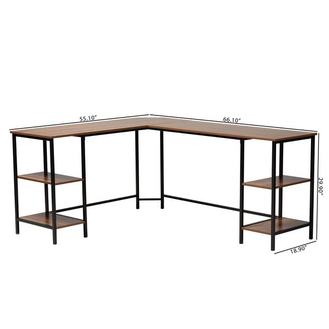 Lydia Modern Walnut Brown Finished Wood And Black Metal L-Shaped Corner Desk With Shelves, , alternate image number null