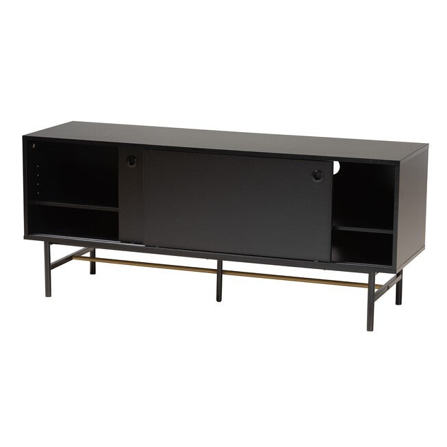 Truett Modern Dark Brown Finished Wood And Two-Tone Black And Gold Metal Tv Stand, , on-hover image number null