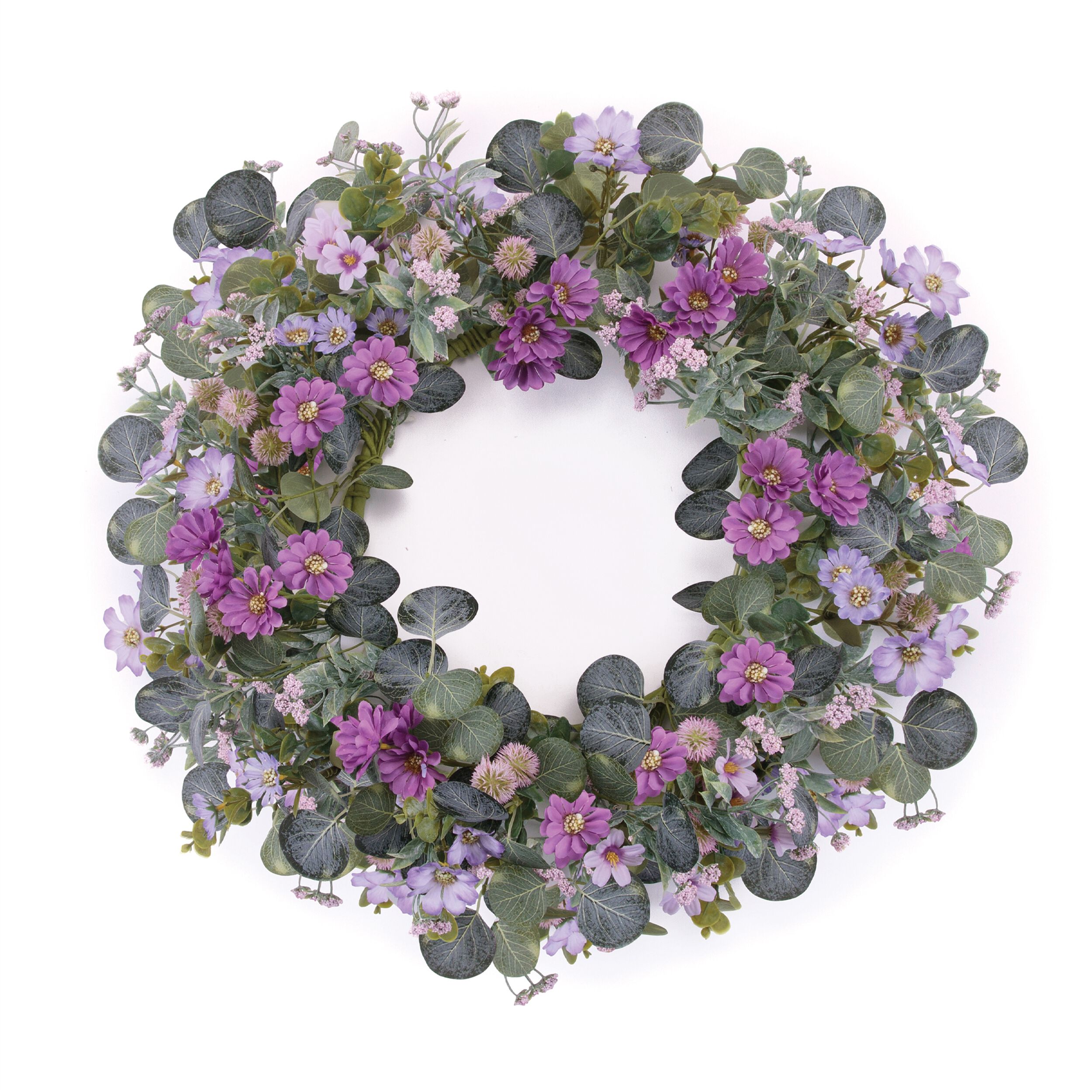 Mixed Daisy Floral and Thistle Wreath 22IND, PINK PURPLE GREEN, hi-res image number 0
