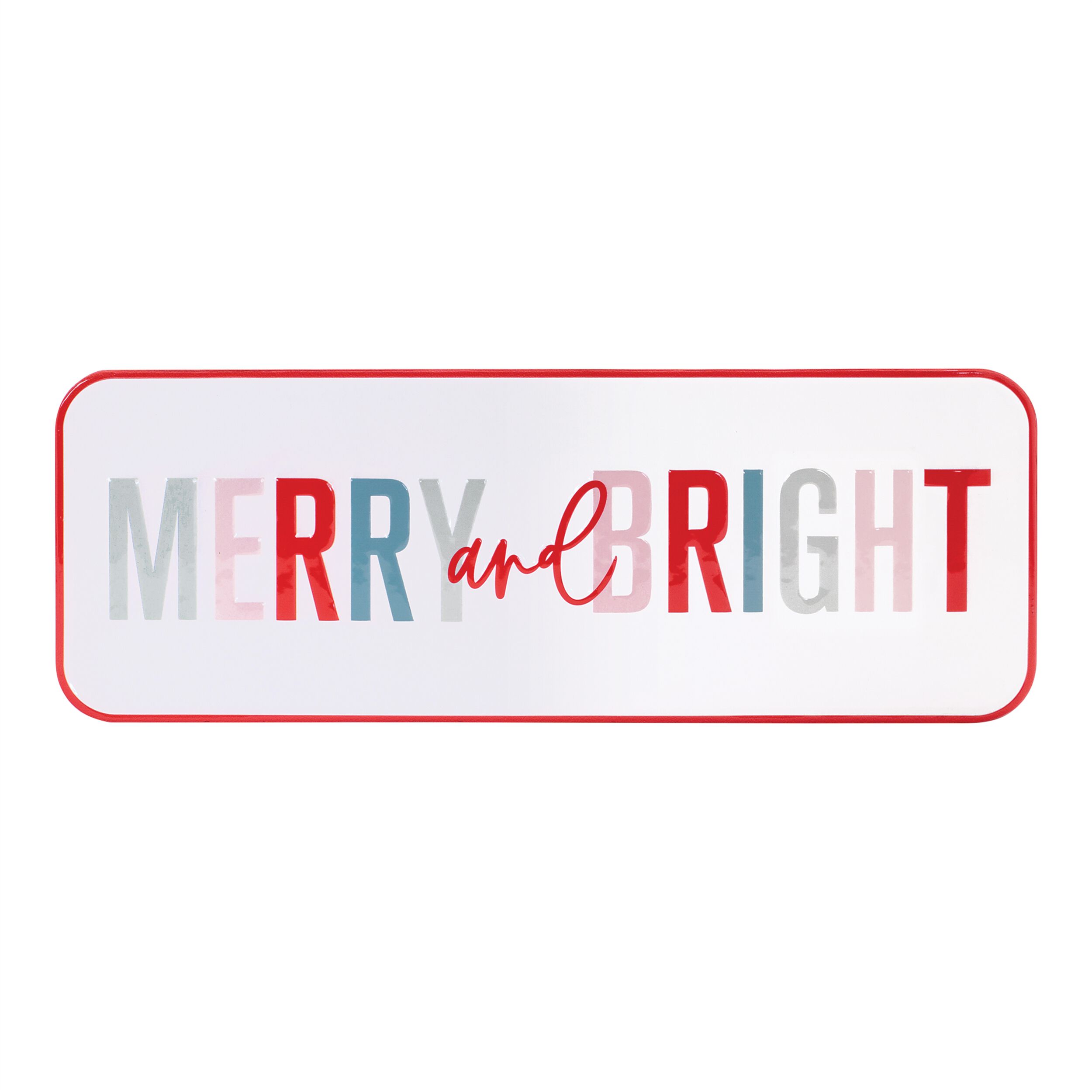 Metal Merry and Bright Sign 22 inchesL, WHITE RED BLUE, hi-res image number 0