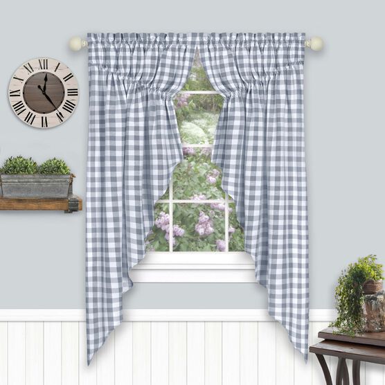 Buffalo Check Gathered Swag Window Curtain Pair, GREY, hi-res image number null