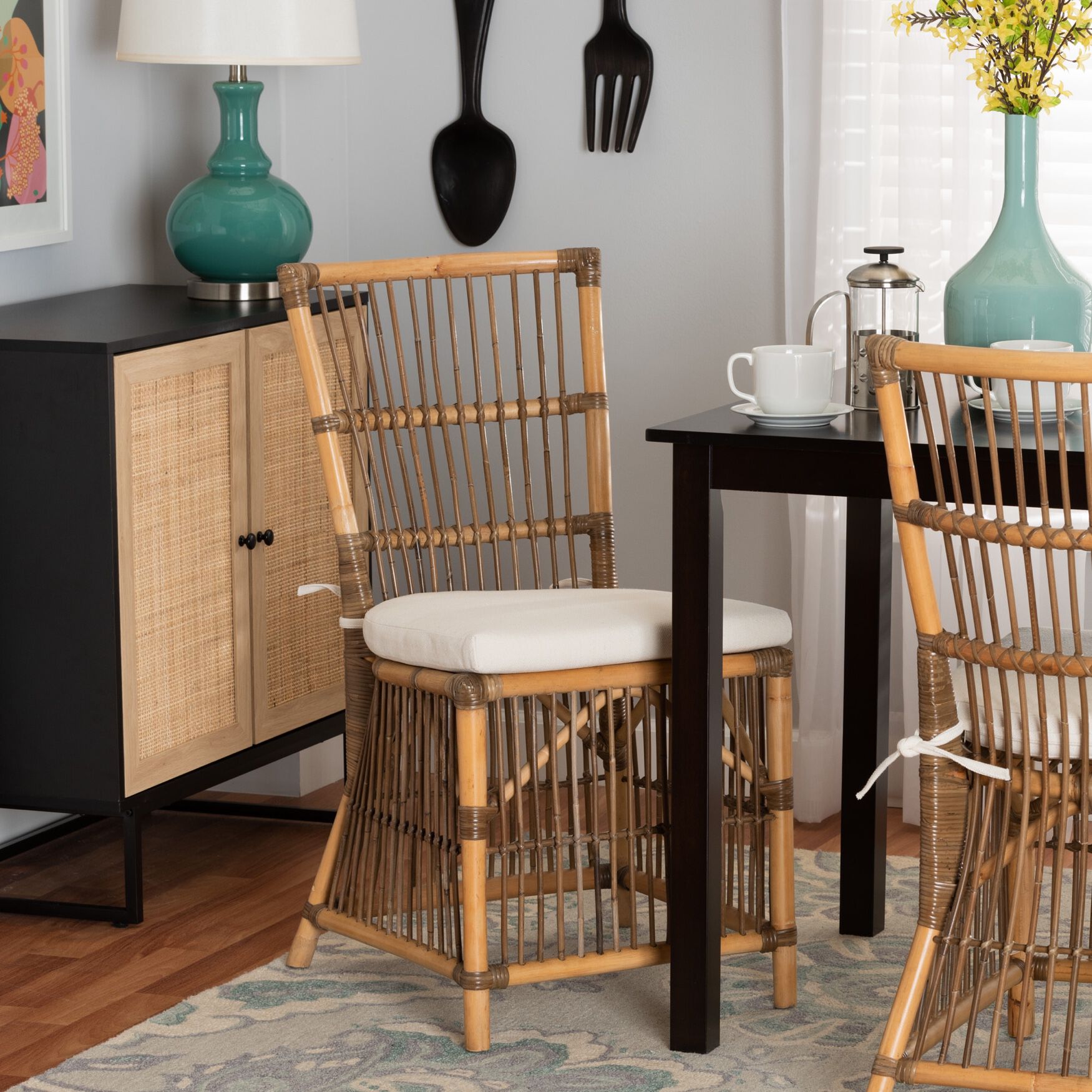 Kim Modern Bohemian White Fabric And Natural Brown Rattan Dining Chair, , alternate image number 7