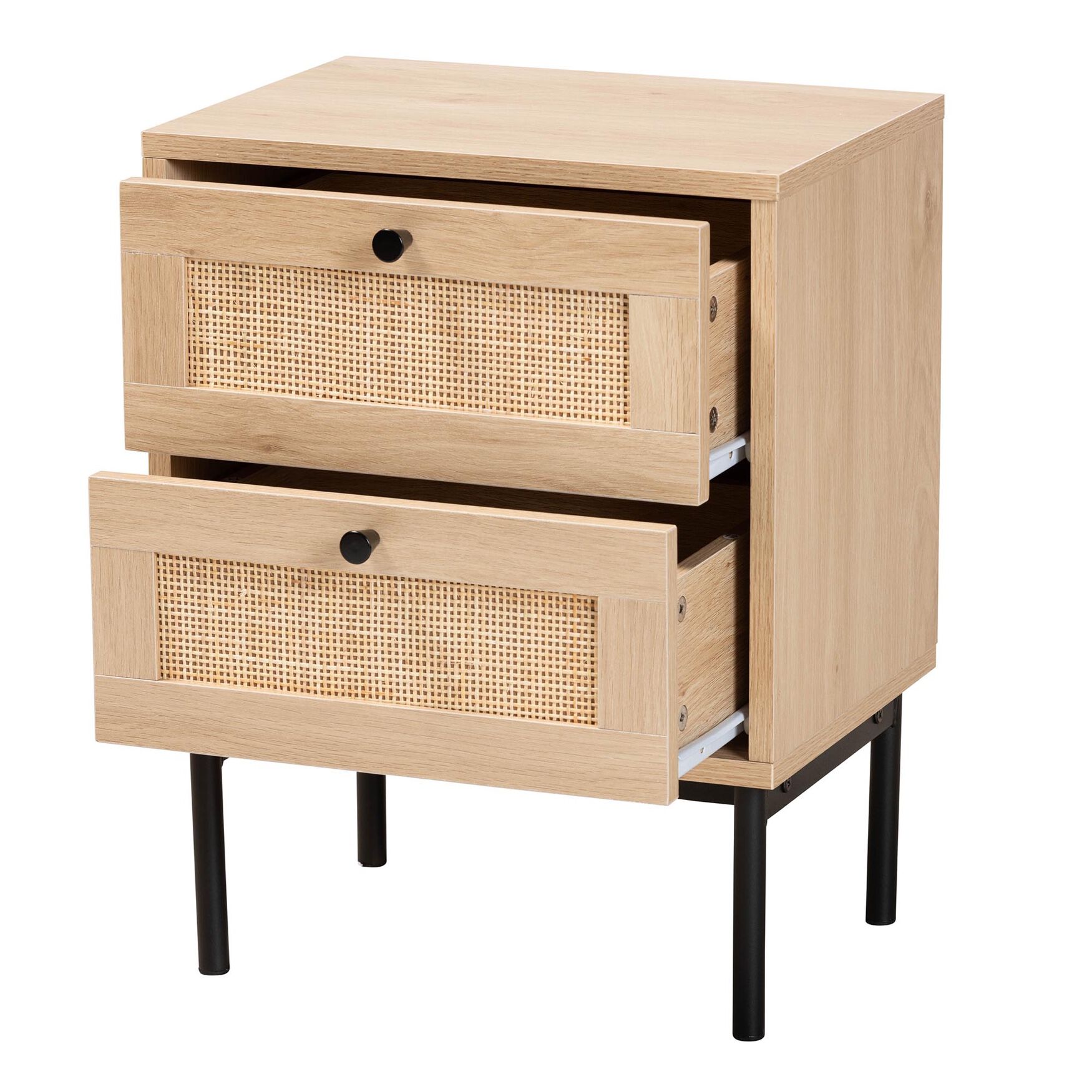 Sherwin Mid-Century Modern Light Brown And Black 2-Drawer End Table With Woven Rattan Accent, , on-hover image number 1