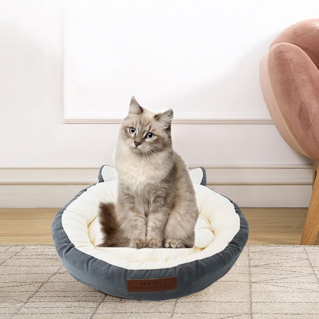 GREY Printing poly-cotton cozy round cat bed , 21 inch, GREY, hi-res image number 0