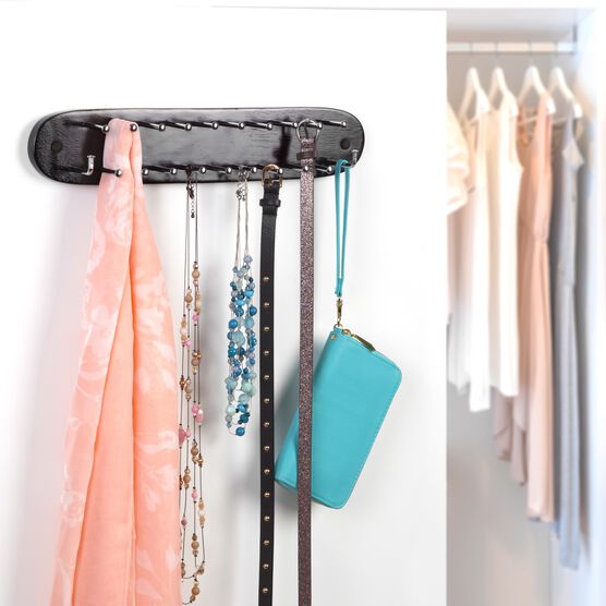 Closet Tie Rack, Belt Scarf Hanger-Natural Dark Walnut Wood With Chrome Hooks-Multi Accessory Wall Mounted Holder For Storage And Organization, , alternate image number null