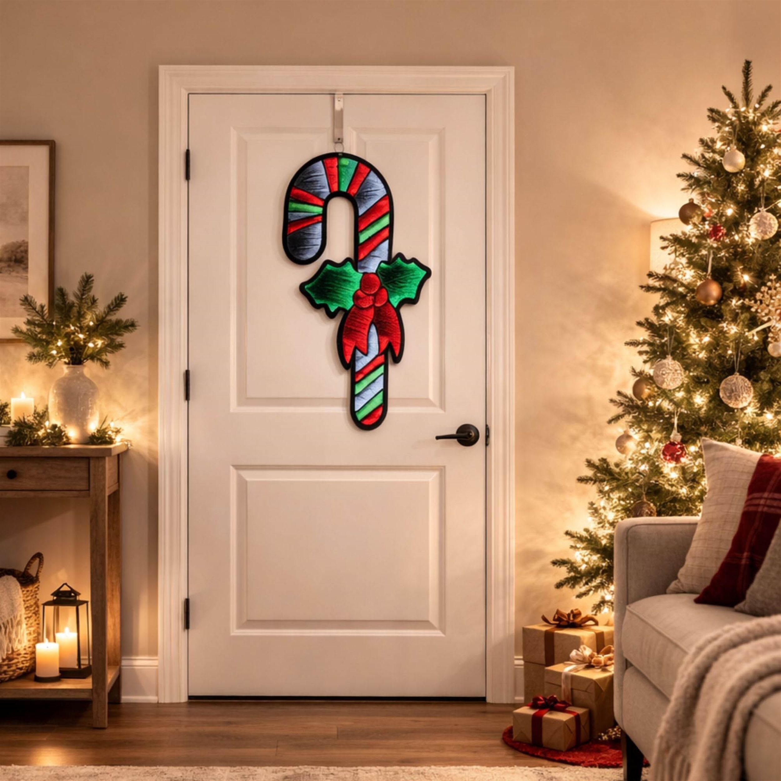 Hanging Candy Cane with Holly Ekkolight 35 inchesH, RED WHITE GREEN, alternate image number 3