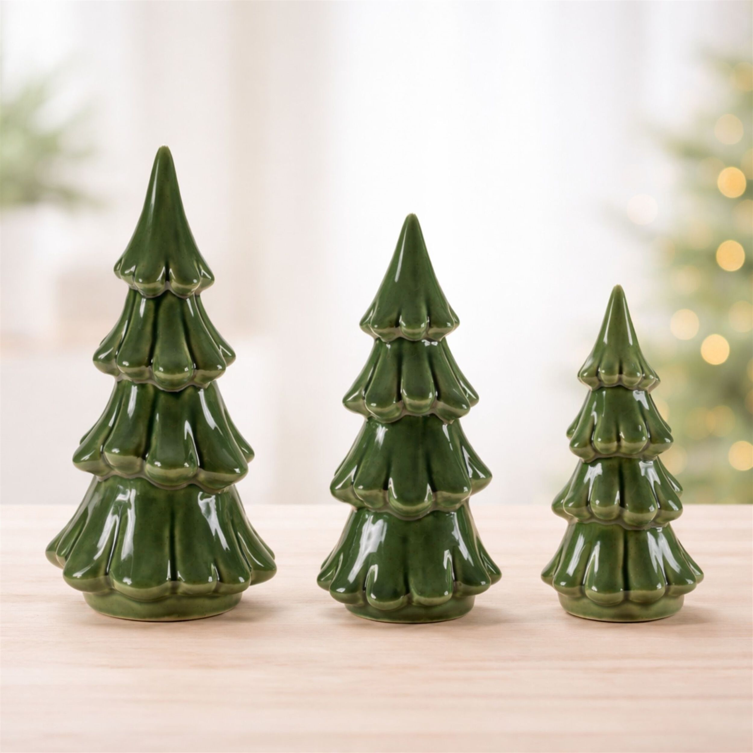 Scalloped Ceramic Pine Tree (Set of 3), GREEN, alternate image number 2