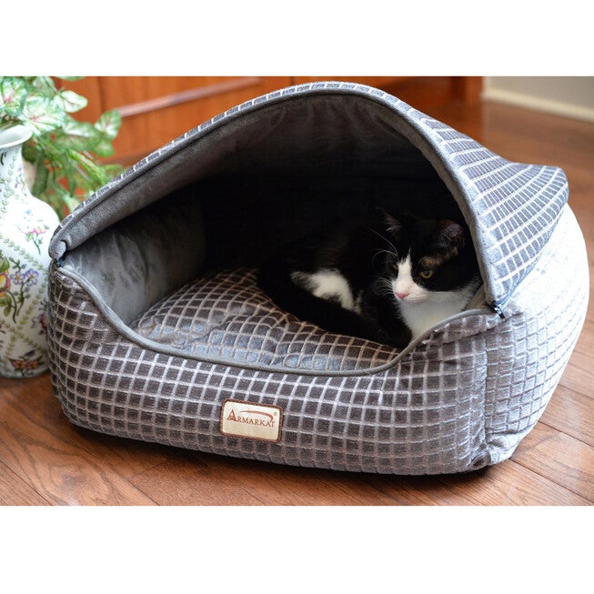 Cuddle Cave Cat Bed With Detachable & Collasible Zipper Top, Removable Cushion Mat, Bronze & Silver, , on-hover image number null