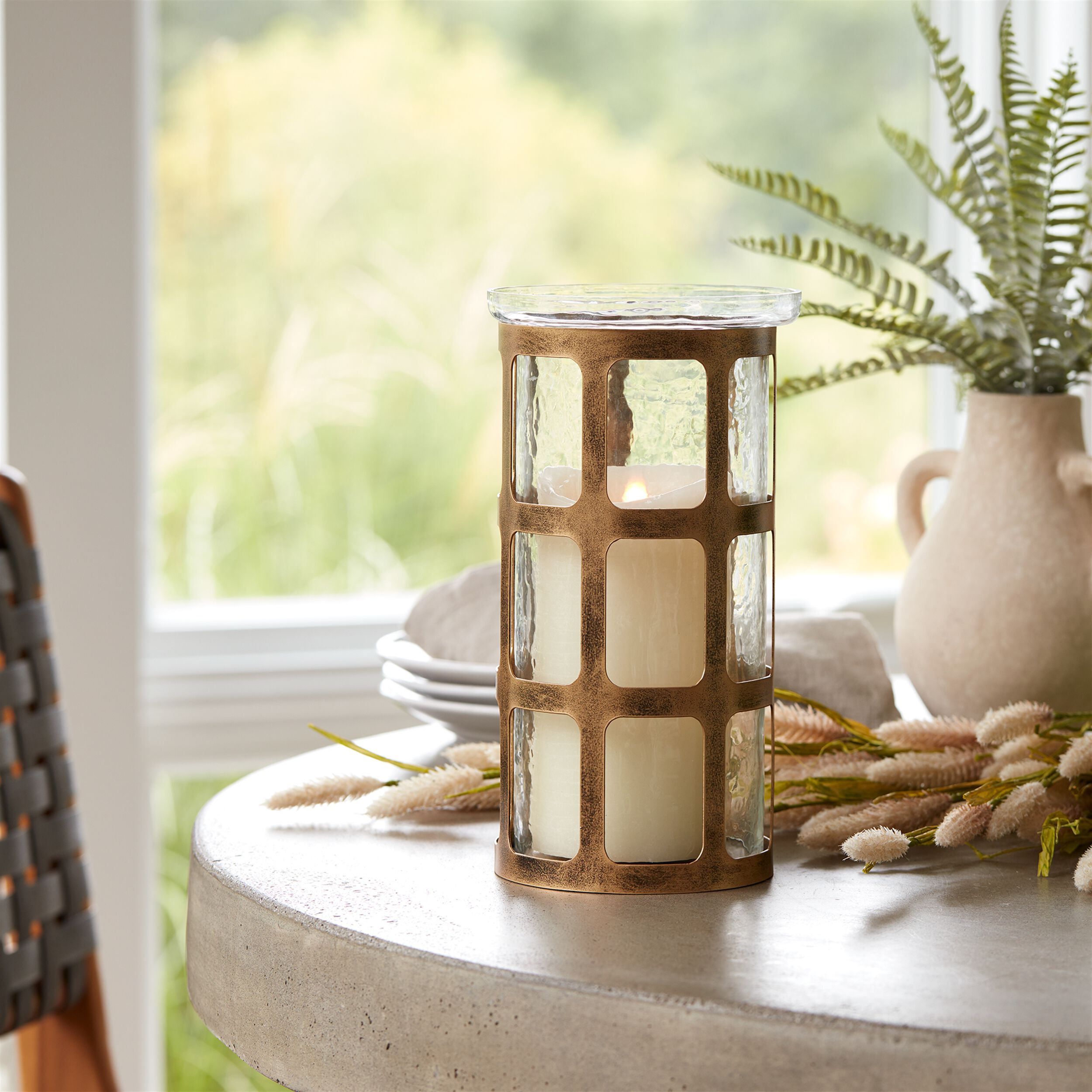 Wavy Glass Candle Holder with Distressed Metal Frame 10 inchesH, GOLD, alternate image number 2