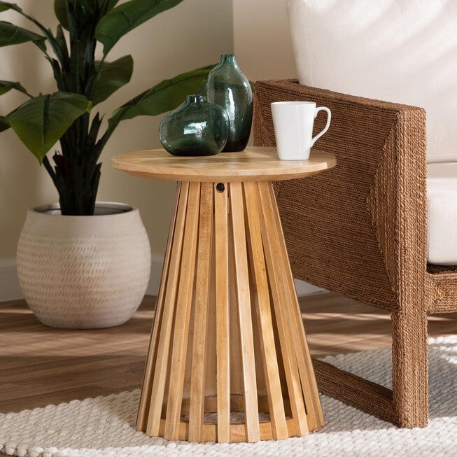 Caribic Modern Slatted Acacia Wood End Table, NATURAL BROWN, hi-res image number 0