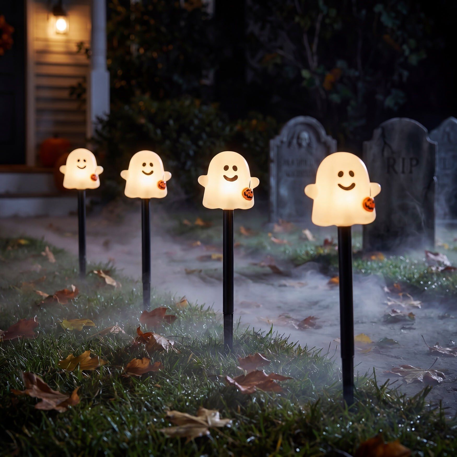 Set of 4 LED Ghost Stake Lights, WHITE, hi-res image number 0