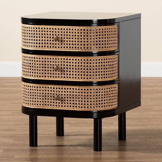 Nabila Modern Bohemian Black Bayur Wood And Natural Rattan 3-Drawer End Table Nightstand, , alternate image number 8