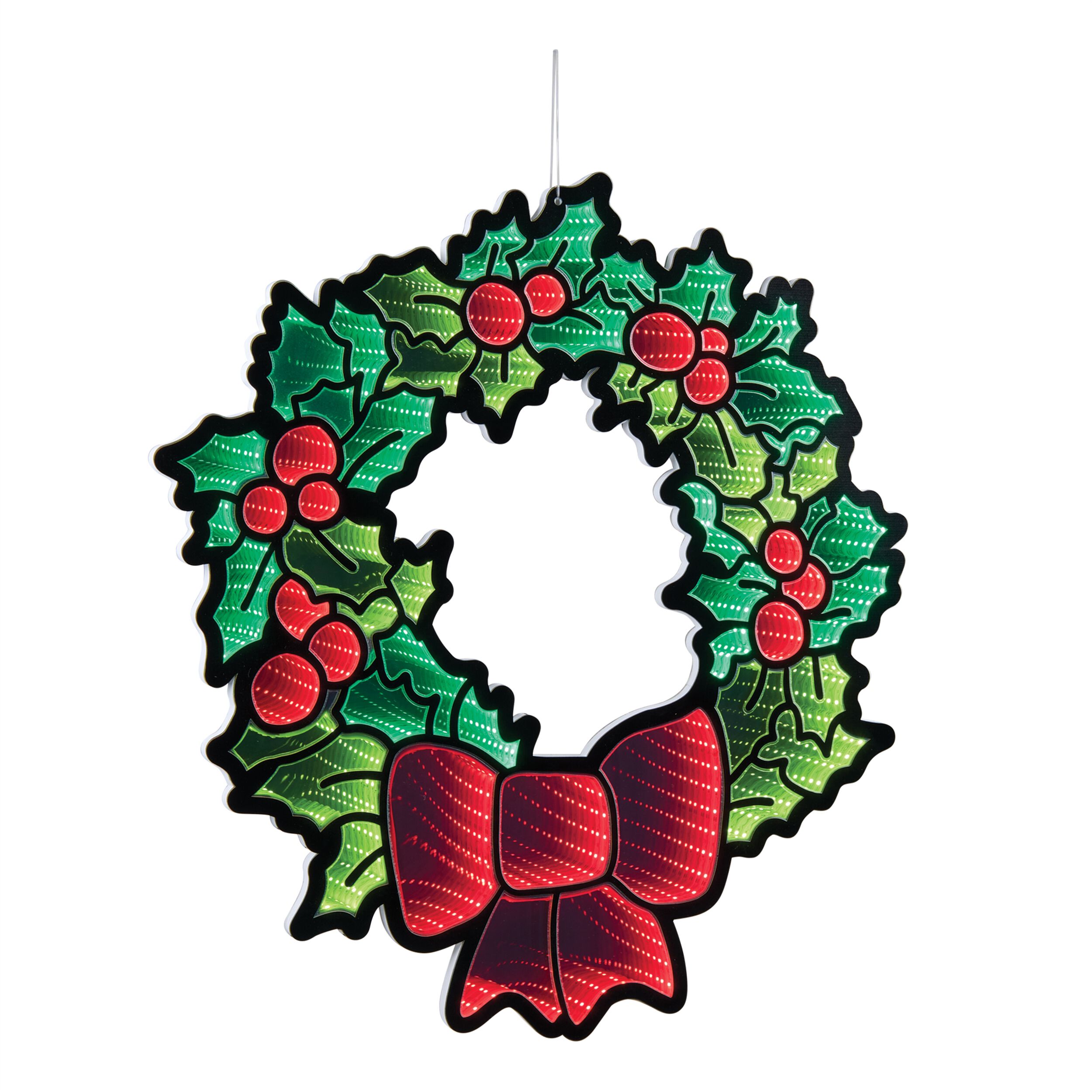 Hanging Holly Wreath with Bow Ekkolight 24 inchesH, RED GREEN, hi-res image number 0