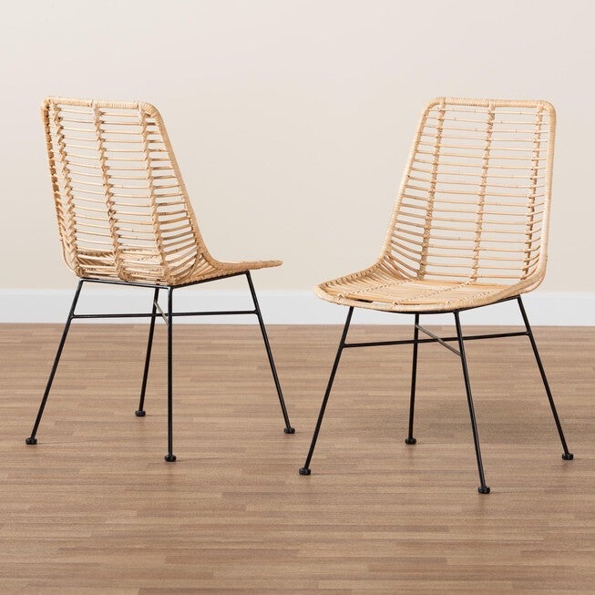 Manhattan Modern Bohemian Natural Brown Rattan And Black Metal Dining Chair, , alternate image number null