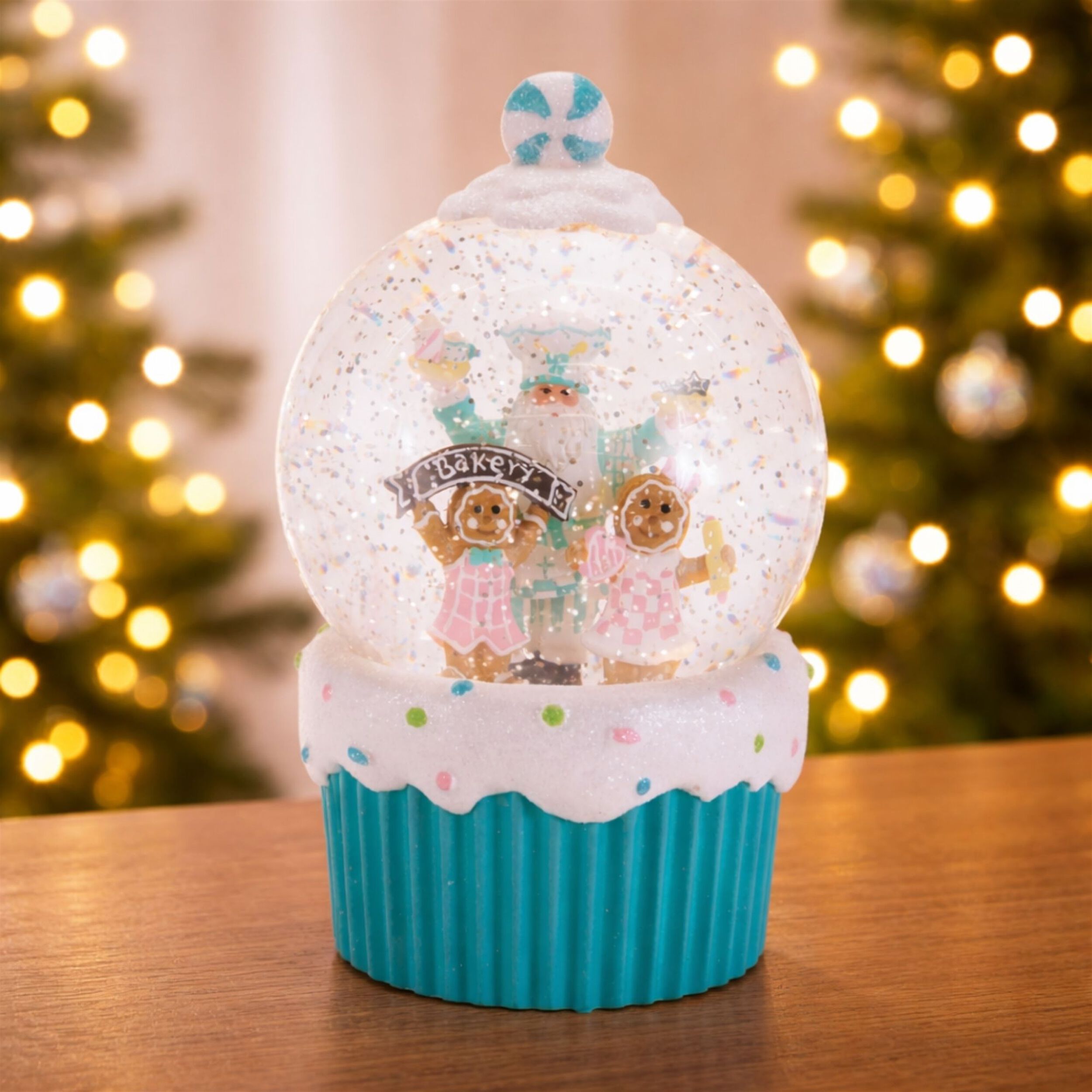 LED Santa & Gingerbread Bakery Snow Globe 7.5 inchesH, WHITE BLUE, alternate image number 3