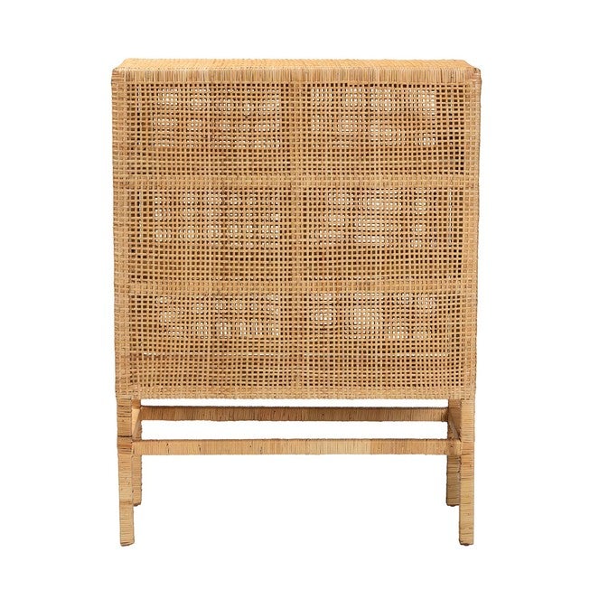 Vivan Modern Bohemian Natural Brown Rattan And Mahogany Wood 3-Shelf Storage Cabinet, , alternate image number null