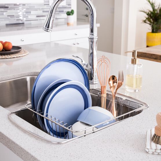 Adjustable Over-Sink Dish Drainer with Cutlery Holder, STAINLESS STEEL, hi-res image number null