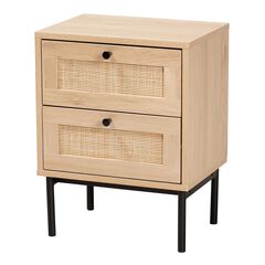 Sherwin Mid-Century Modern Light Brown And Black 2-Drawer End Table With Woven Rattan Accent