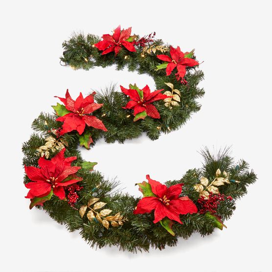 Pre-Lit Poinsettia Garland, RED