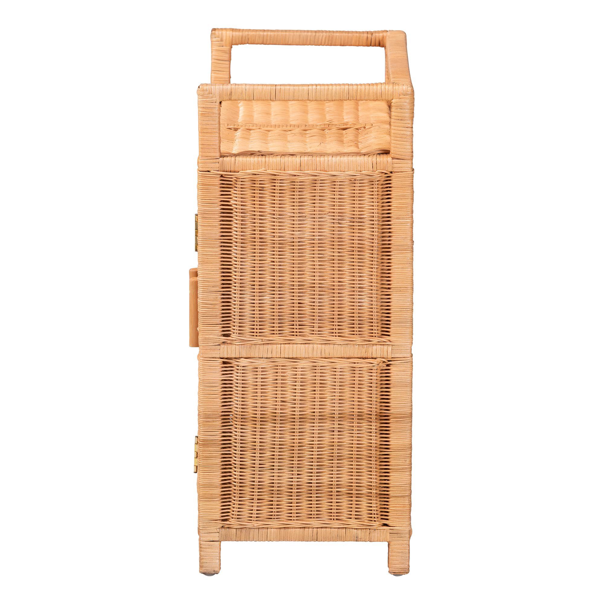 Hendrina Natural Rattan and Mahogany Wood 3-Tier Shoe Cabinet, HONEY, alternate image number 4