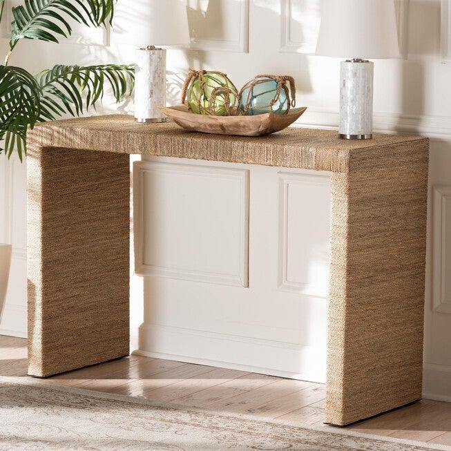 Colandra Modern Bohemian Natural Brown Seagrass And Wood Console Table, , alternate image number null