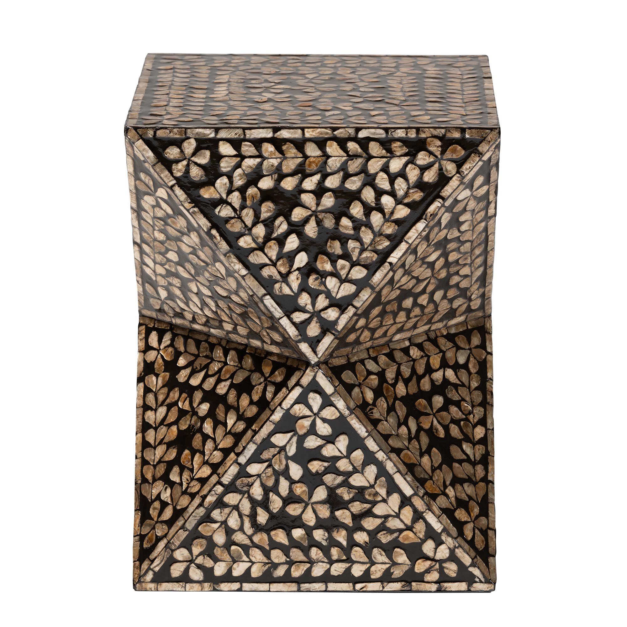 Front view of a modern bohemian end table with black and bronze mother of pearl inlay.