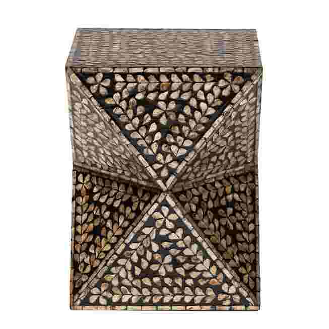 Front view of a modern bohemian end table with black and bronze mother of pearl inlay.
