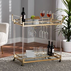 Savannah Contemporary Glam and Luxe Gold Metal and Glass Wine Cart