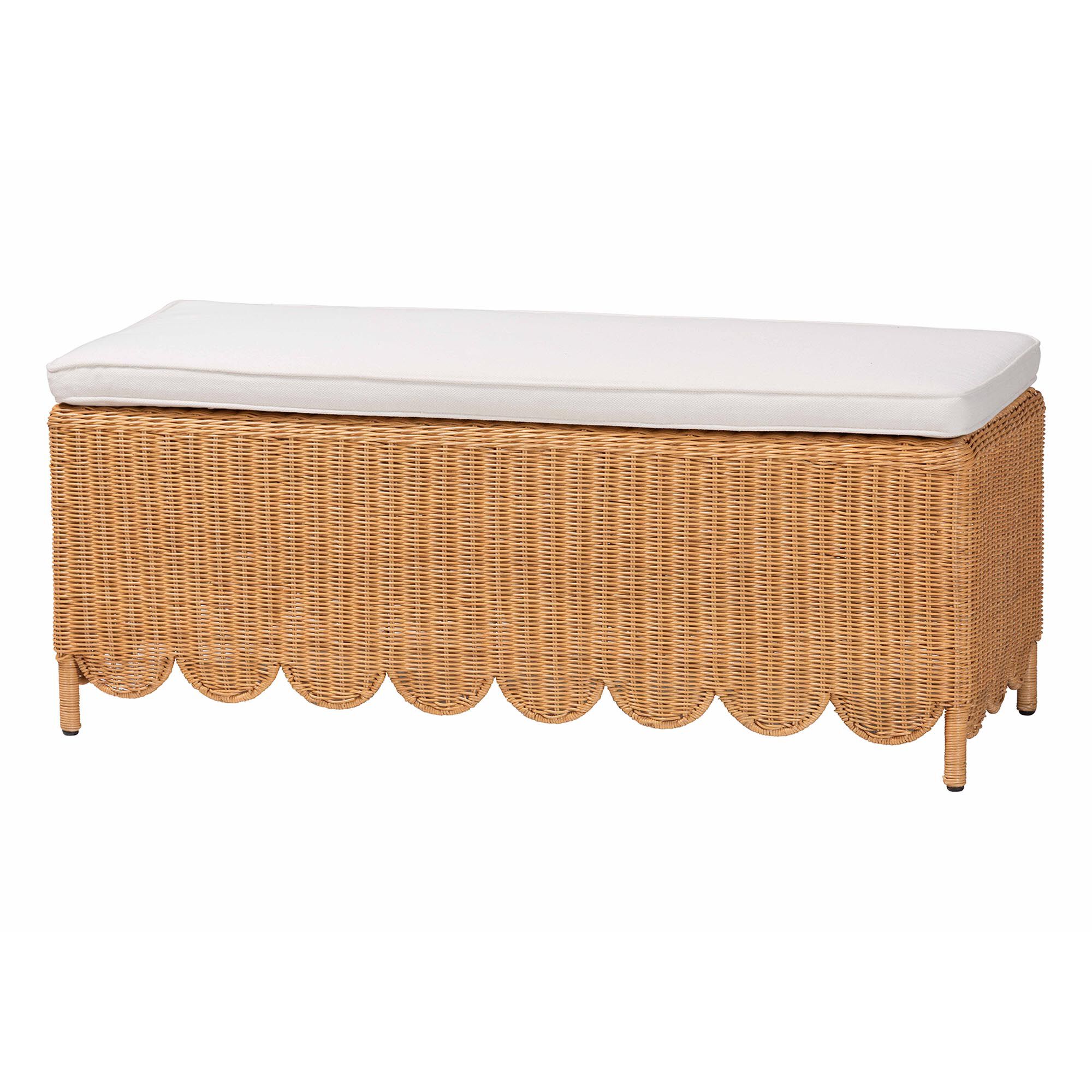 bali & pari Teresa Bohemian Light Honey Scalloped Rattan Ottoman Bench, LIGHT HONEY, alternate image number 1