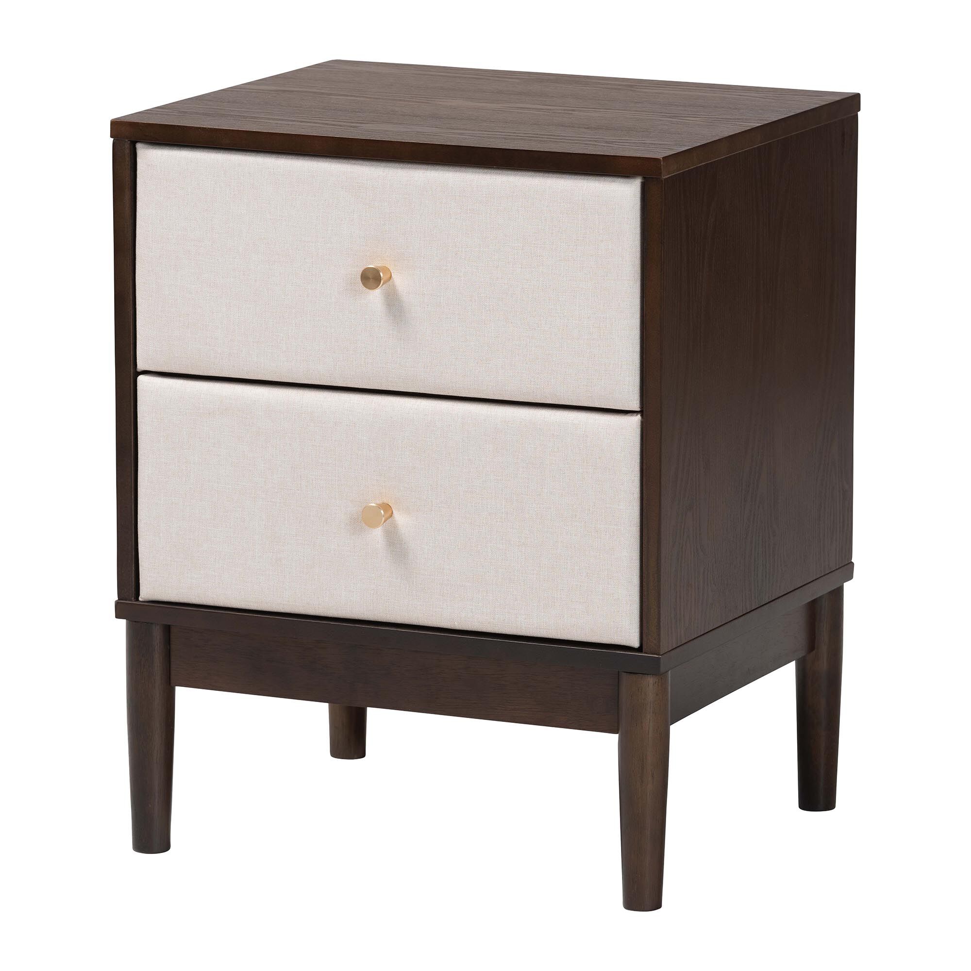 Nikolai Mid-Century Beige Fabric and Wenge Brown Wood 2-Drawer Nightstand, BEIGE, alternate image number 1