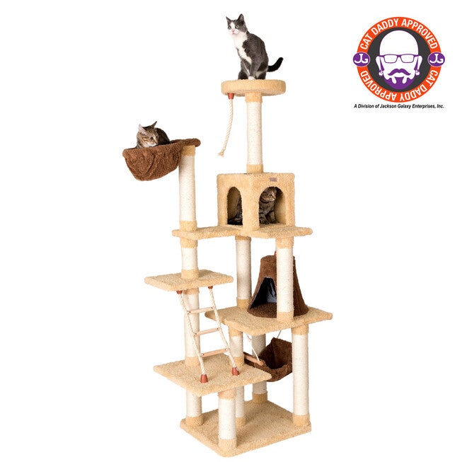 Real Wood 78 inches Cat Climber Play House Ffurniture With Playhouse, Lounge Basket, GOLD, hi-res image number 0
