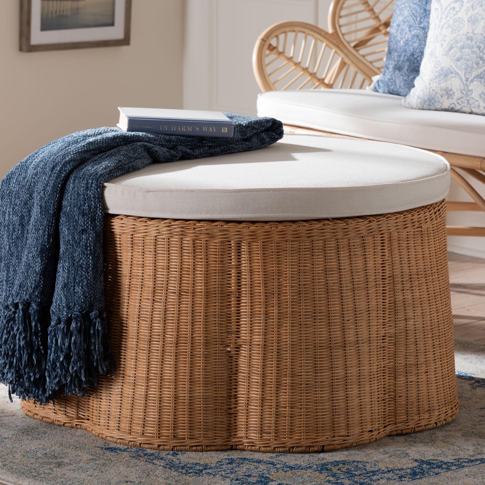 Palm Scallop Natural Rattan Ottoman, 32 inches Round, LIGHT HONEY, hi-res image number 0