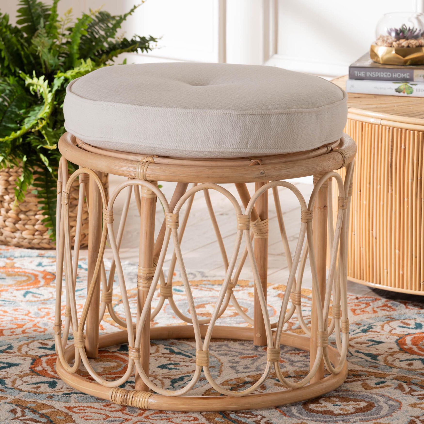 Hachiro Bohemian Natural Rattan Ottoman Footstool, , alternate image number 3