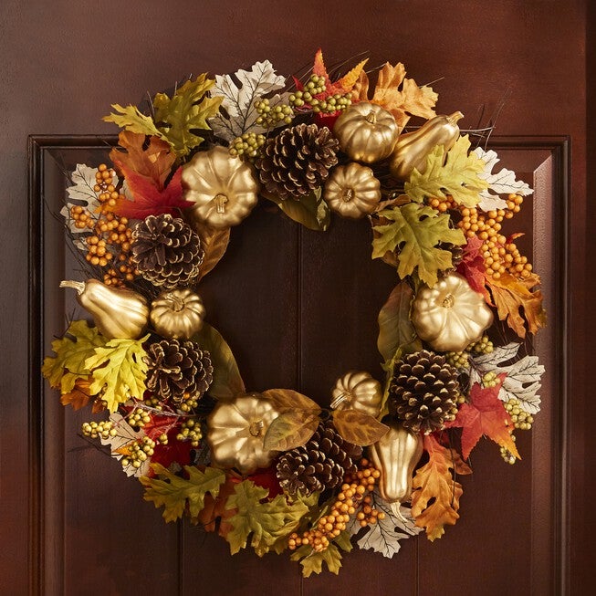 20 inches Gold Pumpkin Harvest Wreath, GOLD, hi-res image number null