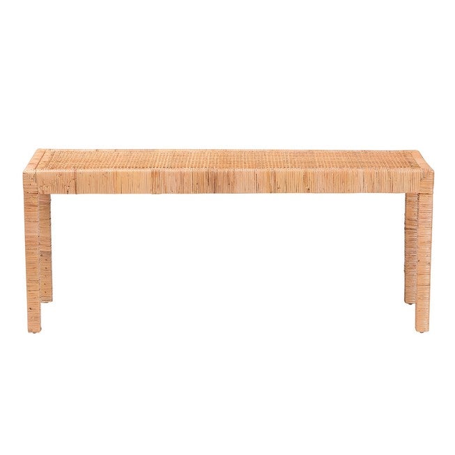 Abelia Modern Bohemian Natural Rattan And Mahogany Wood Long Accent Bench, , on-hover image number null