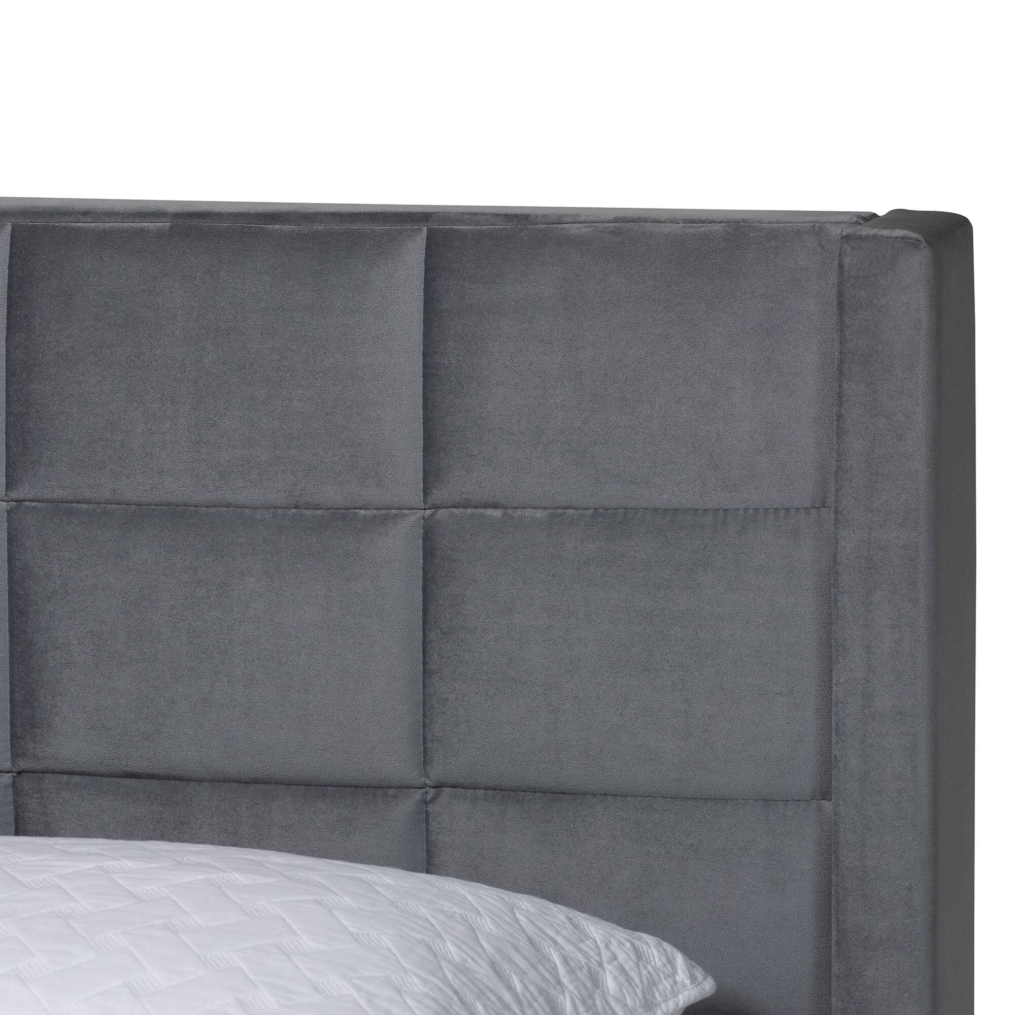 Payne Modern Glam Grey Velvet and Dark Brown Wood Queen Bed, GREY, alternate image number 4