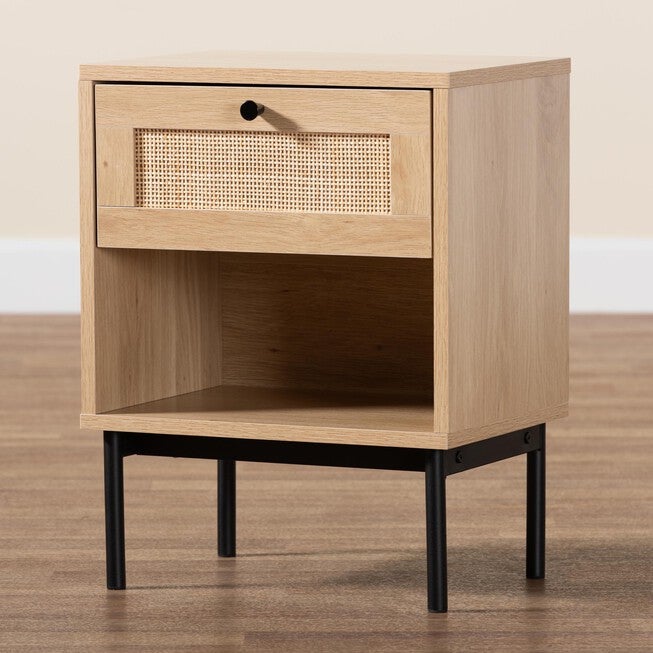Sherwin Mid-Century Modern Light Brown And Black 1-Drawer End Table With Woven Rattan Accent, , alternate image number 8