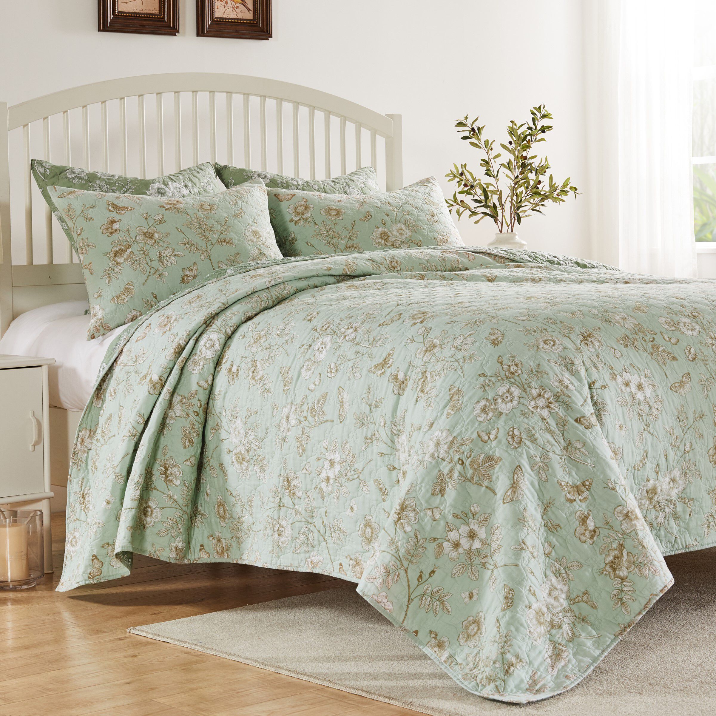 Greenland Home Fashions Olivia Finely Stitched Reversible Modern  Floral Quilt Set, 2-Piece Twin/XL, Mint, MINT, alternate image number 4