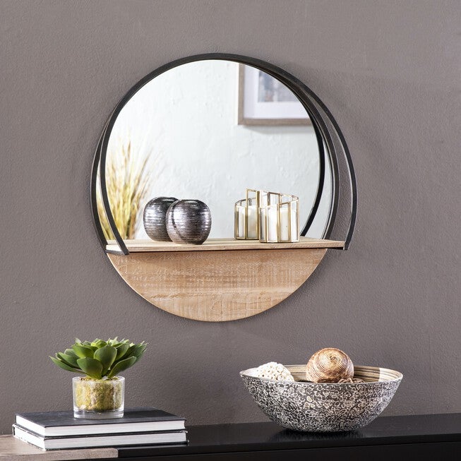 Drelling Round Wall Mirror W Shelf, BLACK, hi-res image number 0