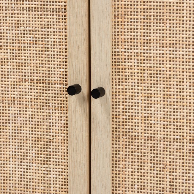 Caterina Mid-Century Modern Transitional Natural Brown Finished Wood And Natural Rattan 2-Door Storage Cabinet, , alternate image number null