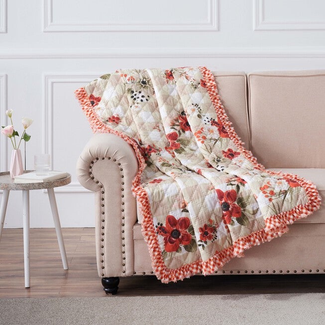 Wheatly Ruffled Gingham Quilted Throw Blanket, TRUFFLE, hi-res image number null