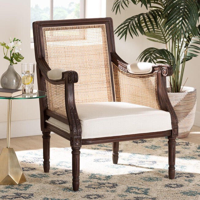 Desmond Traditional French Beige Fabric And Dark Brown Finished Wood Accent Chair, , alternate image number null